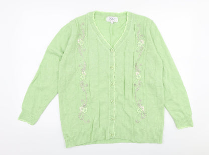 Reflect Womens Green V-Neck Floral Acrylic Cardigan Jumper Size L