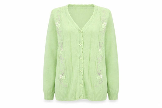 Reflect Womens Green V-Neck Floral Acrylic Cardigan Jumper Size L