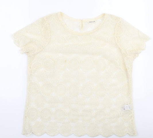 Indigo Womens Ivory Floral Polyamide Basic Blouse Size 16 Round Neck