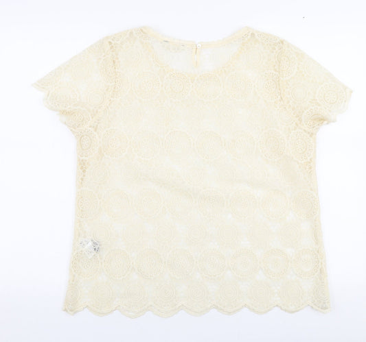 Indigo Womens Ivory Floral Polyamide Basic Blouse Size 16 Round Neck