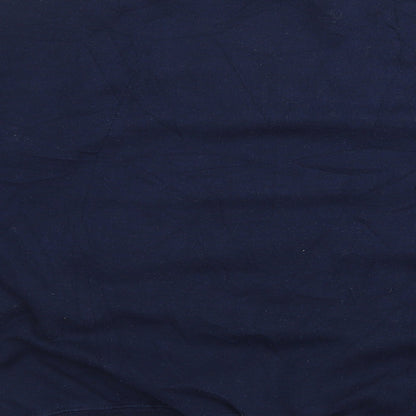 Brand and care label for PRETTYLITTLETHING women’s blue polyester pullover sweatshirt, size S