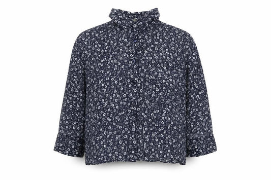 Front view of Pull&Bear women’s blue floral viscose cropped blouse, size S, collared