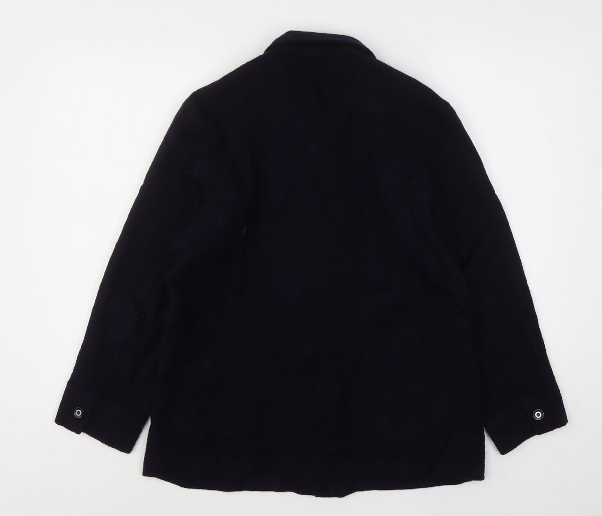Back view of Fisser women’s blue polyester basic button-up, size UK 12, collared