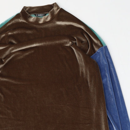 Close-up detail of SHEIN women’s multicoloured polyester pullover sweatshirt, size L