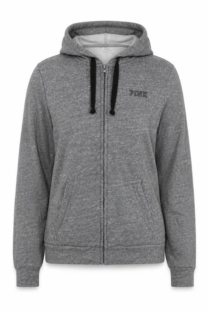 Front view of PINK women’s grey jacket, size L, zip
