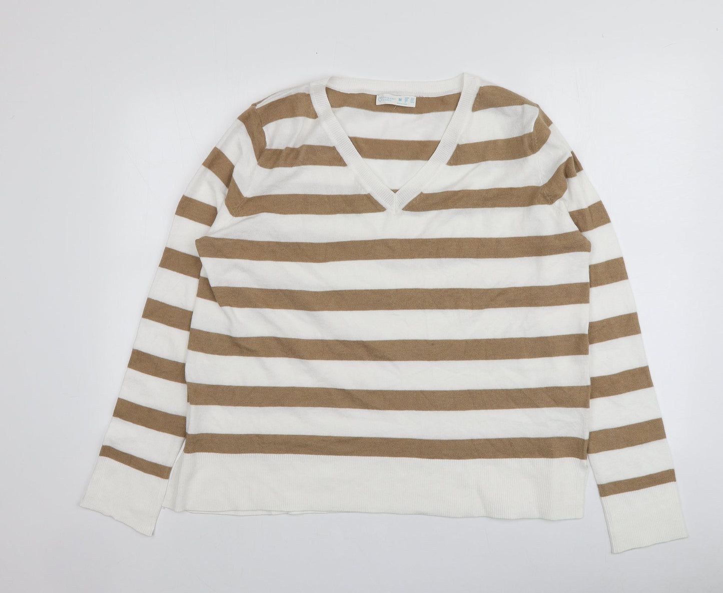 Primark Womens Beige V-Neck Striped Polyester Pullover Jumper Size 12