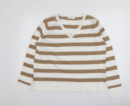 Primark Womens Beige V-Neck Striped Polyester Pullover Jumper Size 12