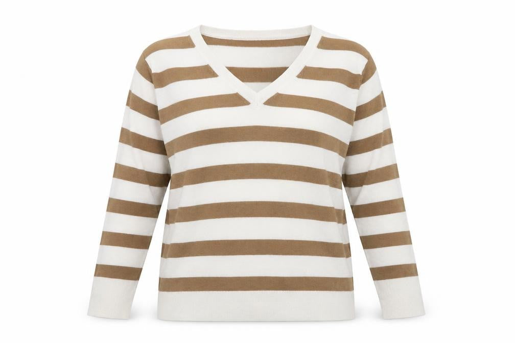 Primark Womens Beige V-Neck Striped Polyester Pullover Jumper Size 12