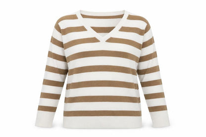 Primark Womens Beige V-Neck Striped Polyester Pullover Jumper Size 12