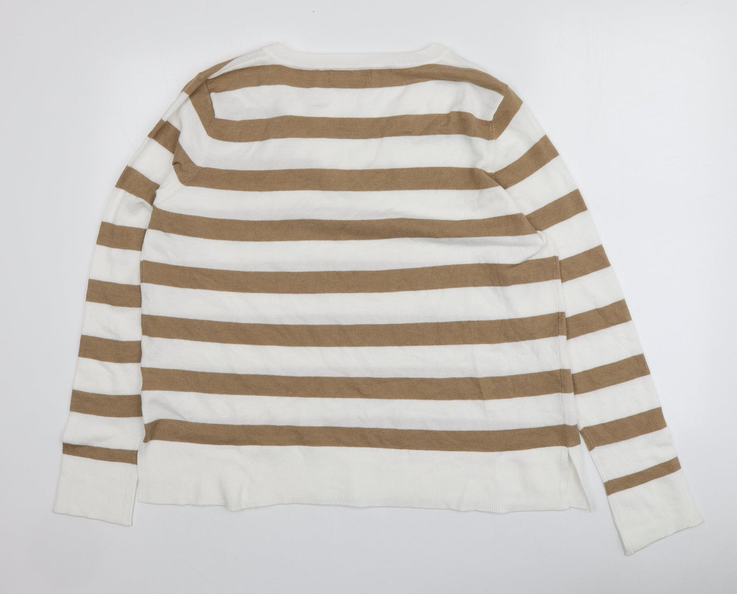 Primark Womens Beige V-Neck Striped Polyester Pullover Jumper Size 12