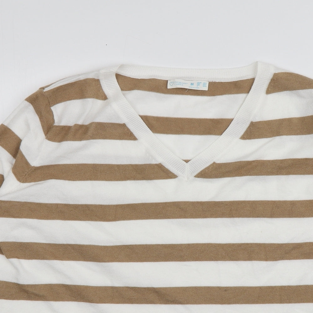 Primark Womens Beige V-Neck Striped Polyester Pullover Jumper Size 12