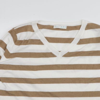 Primark Womens Beige V-Neck Striped Polyester Pullover Jumper Size 12