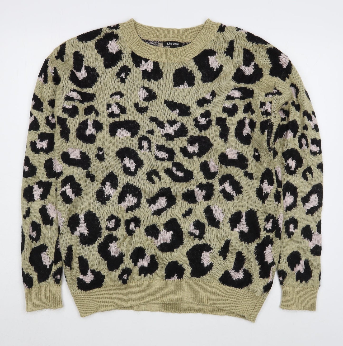 Maglia Womens Brown Round Neck Animal Print Acrylic Pullover Jumper Size L