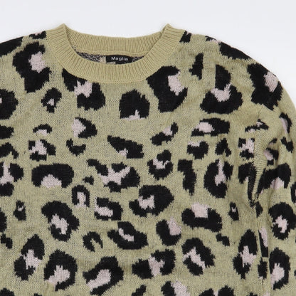 Maglia Womens Brown Round Neck Animal Print Acrylic Pullover Jumper Size L