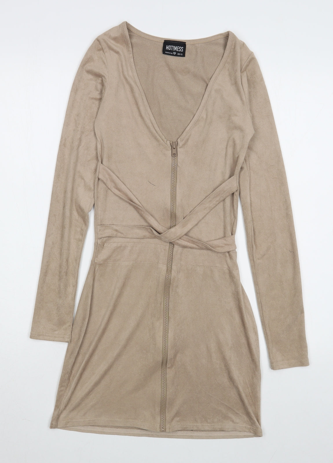 HOT!MESS Womens Beige  Polyester Bodycon  Size XS  V-Neck Zip