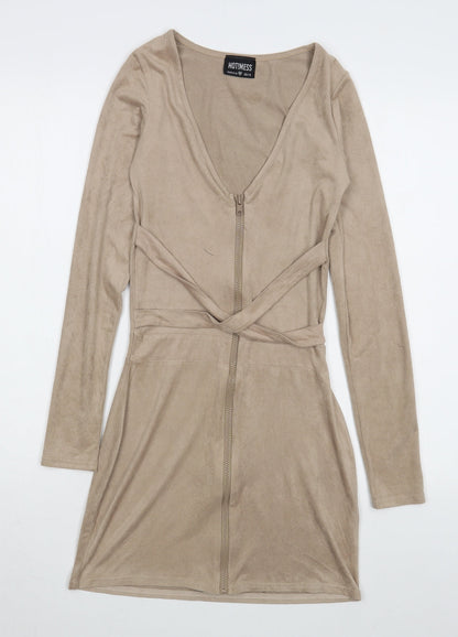 HOT!MESS Womens Beige  Polyester Bodycon  Size XS  V-Neck Zip