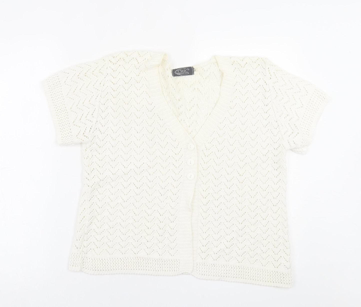 Chic London Paris Womens White V-Neck  Acrylic Cardigan Jumper Size XL