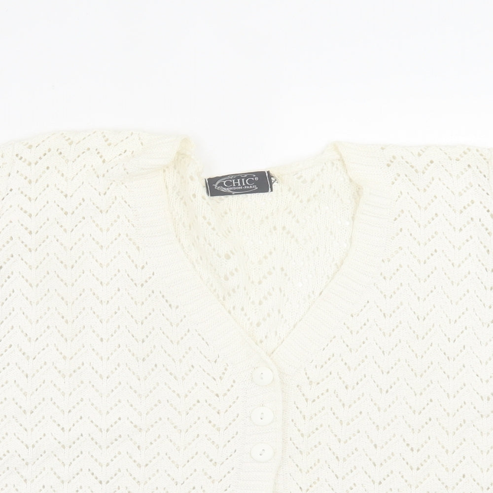 Chic London Paris Womens White V-Neck  Acrylic Cardigan Jumper Size XL