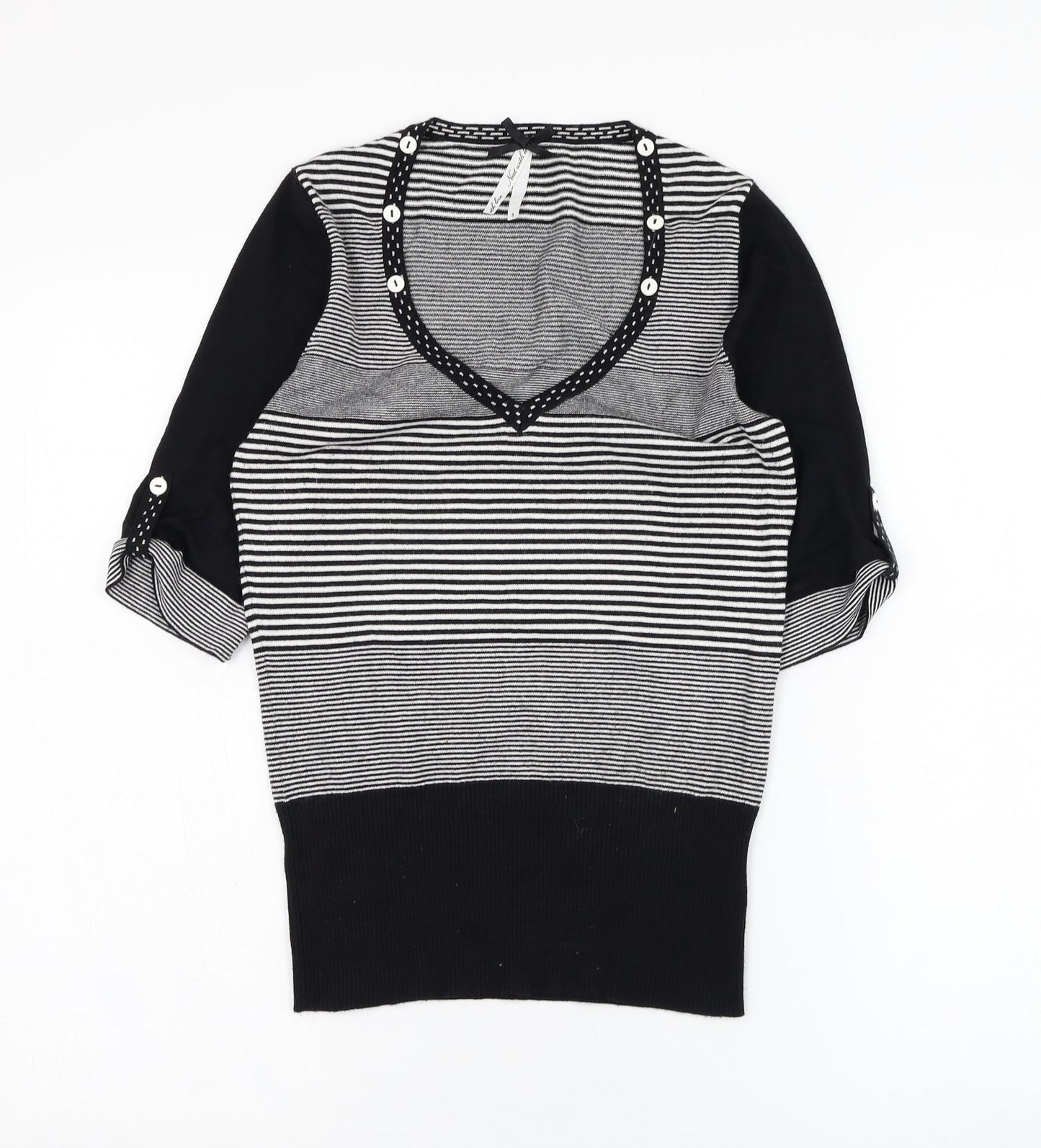 NEXT Womens Black V-Neck Striped Viscose Pullover Jumper Size 8