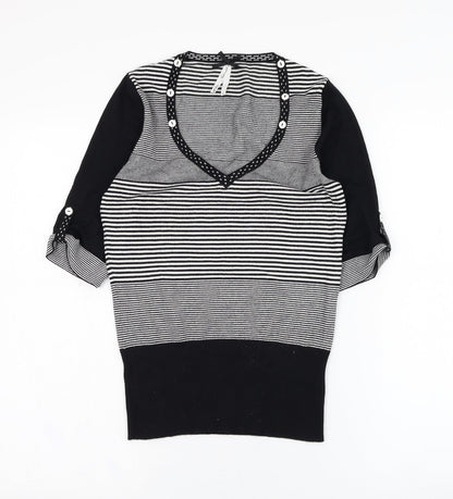 NEXT Womens Black V-Neck Striped Viscose Pullover Jumper Size 8