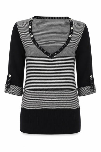 NEXT Womens Black V-Neck Striped Viscose Pullover Jumper Size 8