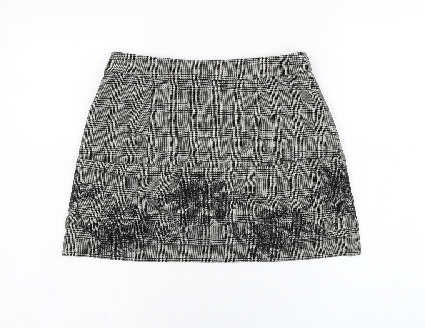 Preworn Womens Grey Check Polyester Mini Skirt Size 28 in   Zip