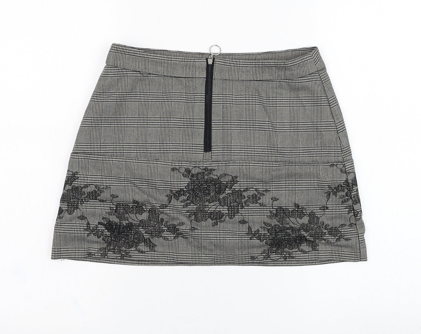 Preworn Womens Grey Check Polyester Mini Skirt Size 28 in   Zip