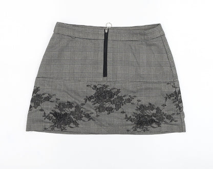 Preworn Womens Grey Check Polyester Mini Skirt Size 28 in   Zip
