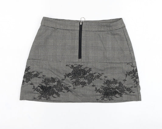 Preworn Womens Grey Check Polyester Mini Skirt Size 28 in   Zip