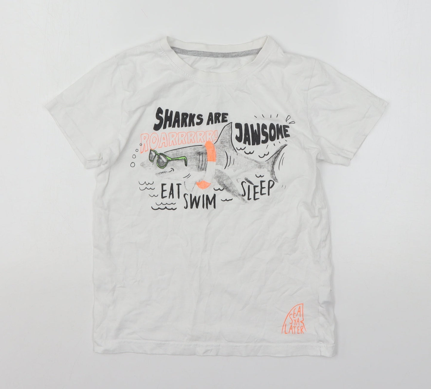 Dunnes Stores Boys White Geometric Cotton Basic T-Shirt Size 9-10 Years Round Neck  - Shark