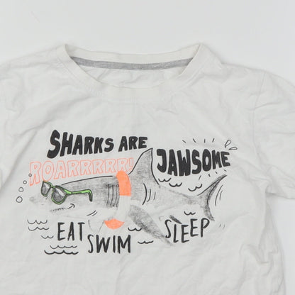 Dunnes Stores Boys White Geometric Cotton Basic T-Shirt Size 9-10 Years Round Neck  - Shark
