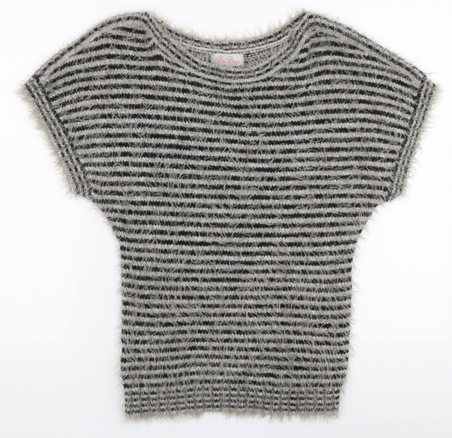 Be Beau Womens Grey Round Neck Striped Polyamide Pullover Jumper Size 12