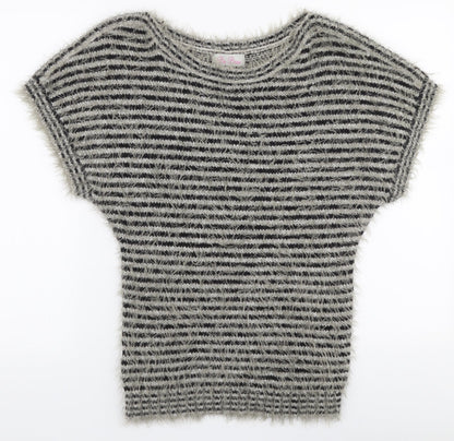 Be Beau Womens Grey Round Neck Striped Polyamide Pullover Jumper Size 12