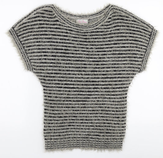 Be Beau Womens Grey Round Neck Striped Polyamide Pullover Jumper Size 12