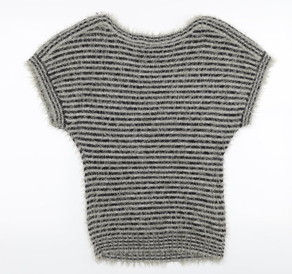 Be Beau Womens Grey Round Neck Striped Polyamide Pullover Jumper Size 12