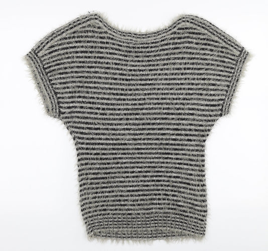 Be Beau Womens Grey Round Neck Striped Polyamide Pullover Jumper Size 12