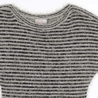 Be Beau Womens Grey Round Neck Striped Polyamide Pullover Jumper Size 12