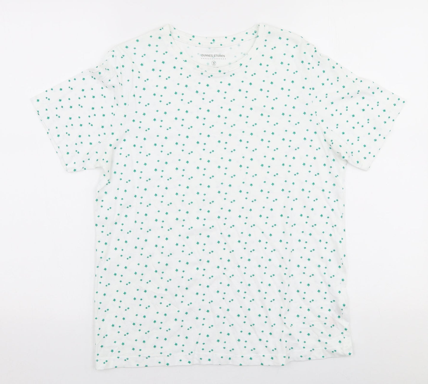 Dunnes Womens White Floral 100% Cotton Jersey T-Shirt Size S Round Neck