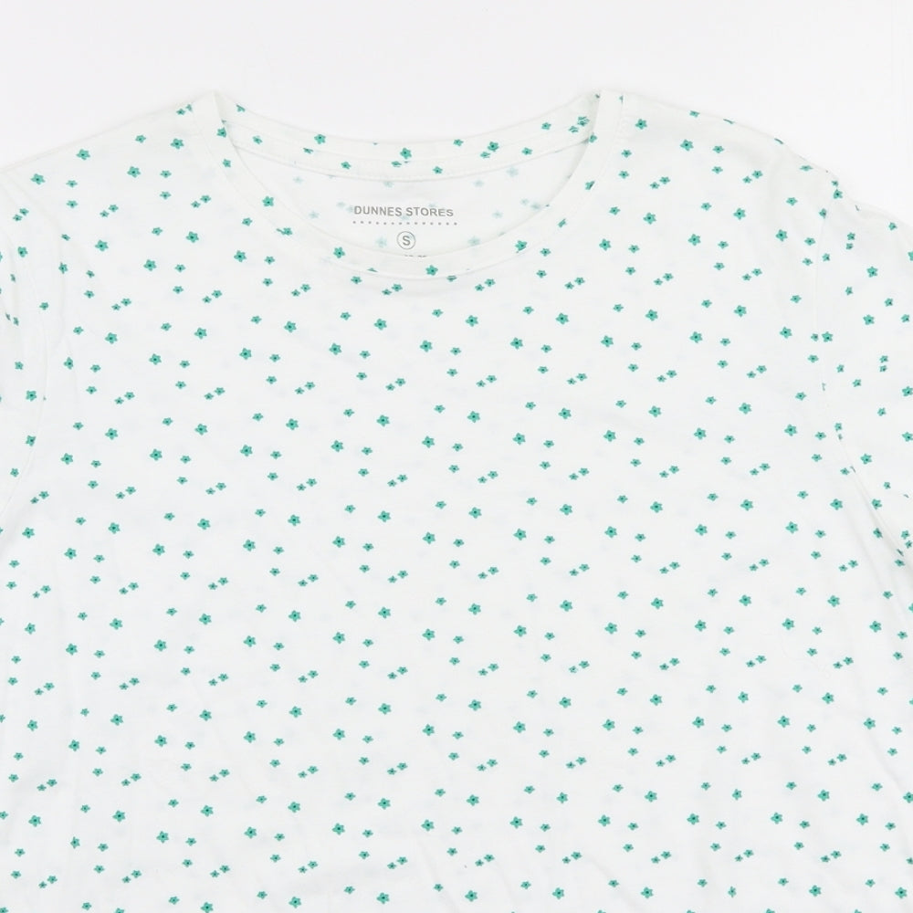Dunnes Womens White Floral 100% Cotton Jersey T-Shirt Size S Round Neck