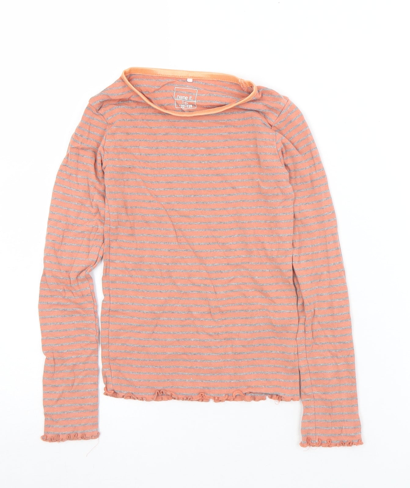 name it Girls Orange Striped Cotton Basic T-Shirt Size 7-8 Years Round Neck