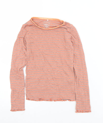 name it Girls Orange Striped Cotton Basic T-Shirt Size 7-8 Years Round Neck