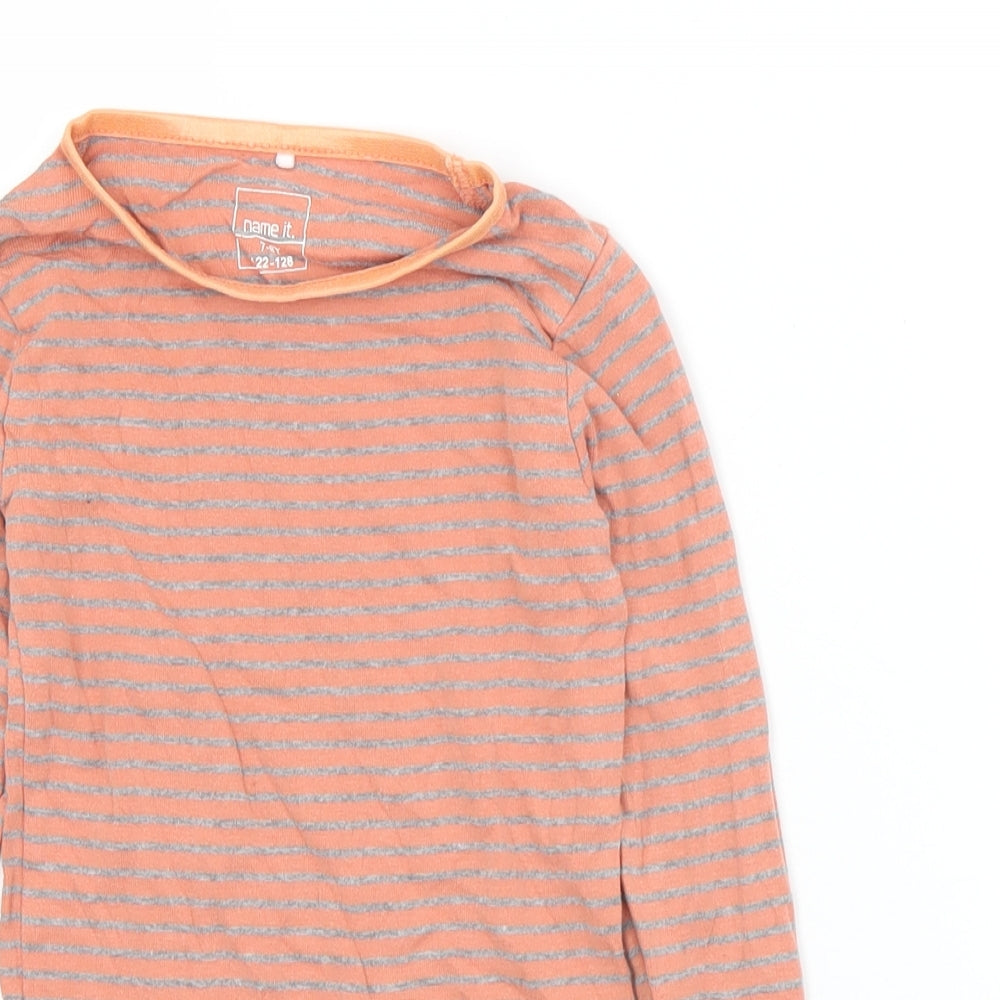 name it Girls Orange Striped Cotton Basic T-Shirt Size 7-8 Years Round Neck