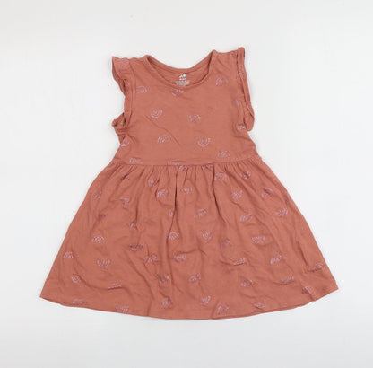 H&M Girls Pink Geometric 100% Cotton Skater Dress  Size 2 Years  Round Neck  - Rainbow Pattern