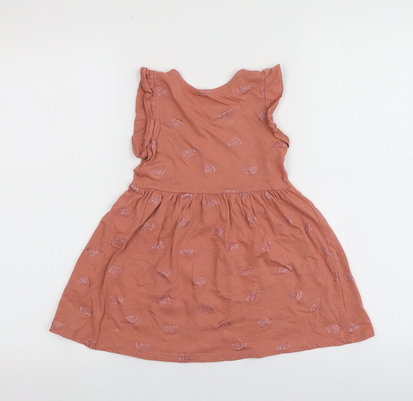 H&M Girls Pink Geometric 100% Cotton Skater Dress  Size 2 Years  Round Neck  - Rainbow Pattern