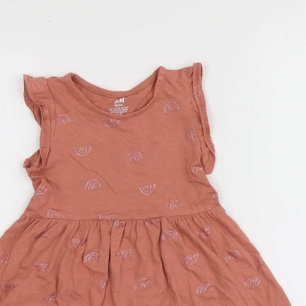 H&M Girls Pink Geometric 100% Cotton Skater Dress  Size 2 Years  Round Neck  - Rainbow Pattern