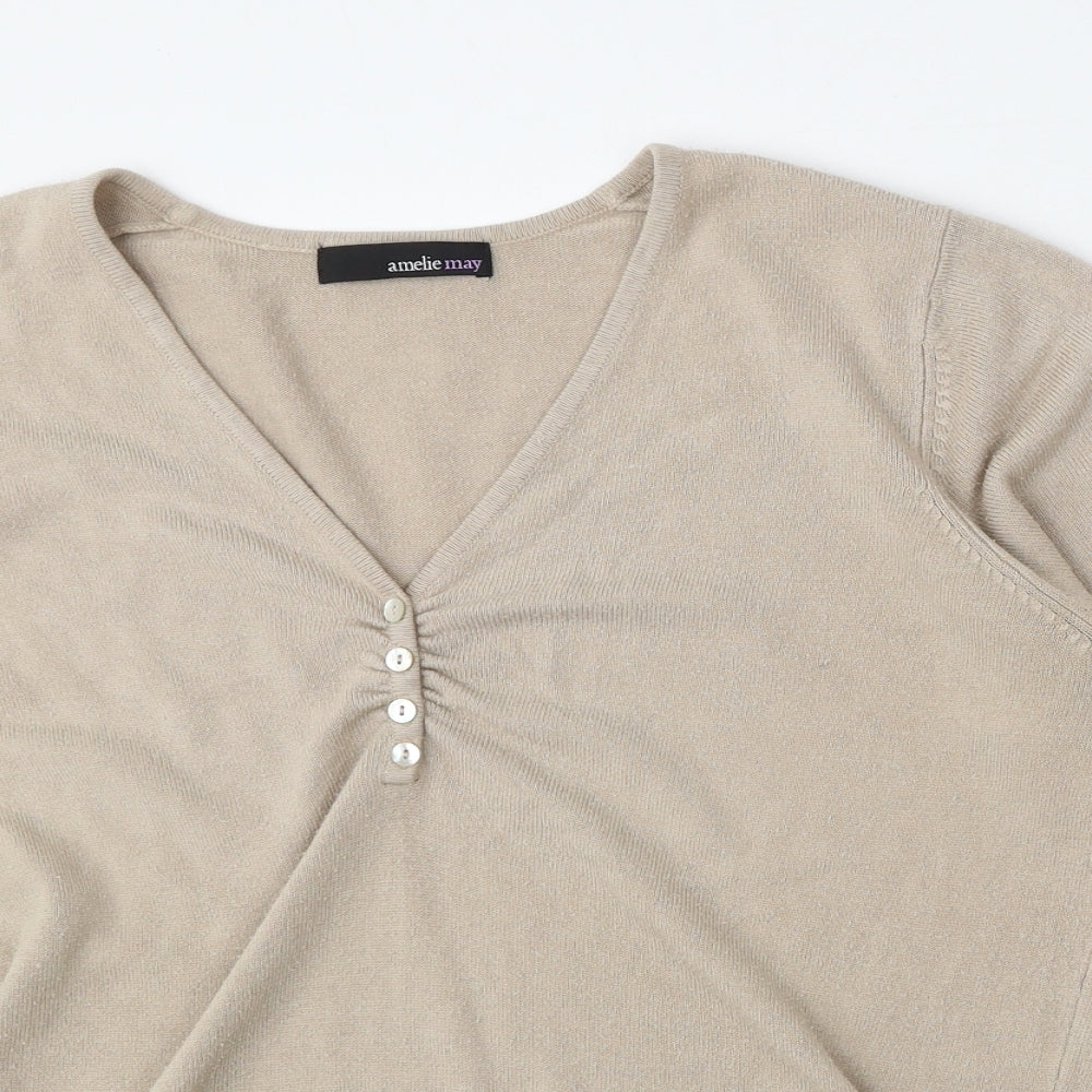 Amelie May Womens Beige V-Neck  Acrylic Pullover Jumper Size 18