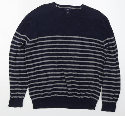 Gap Mens Blue Crew Neck Striped Cotton Pullover Jumper Size L