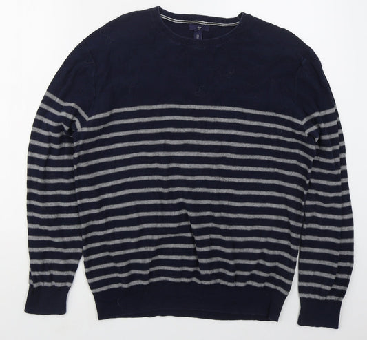 Gap Mens Blue Crew Neck Striped Cotton Pullover Jumper Size L