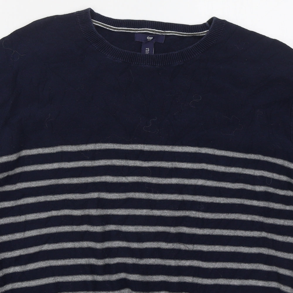 Gap Mens Blue Crew Neck Striped Cotton Pullover Jumper Size L