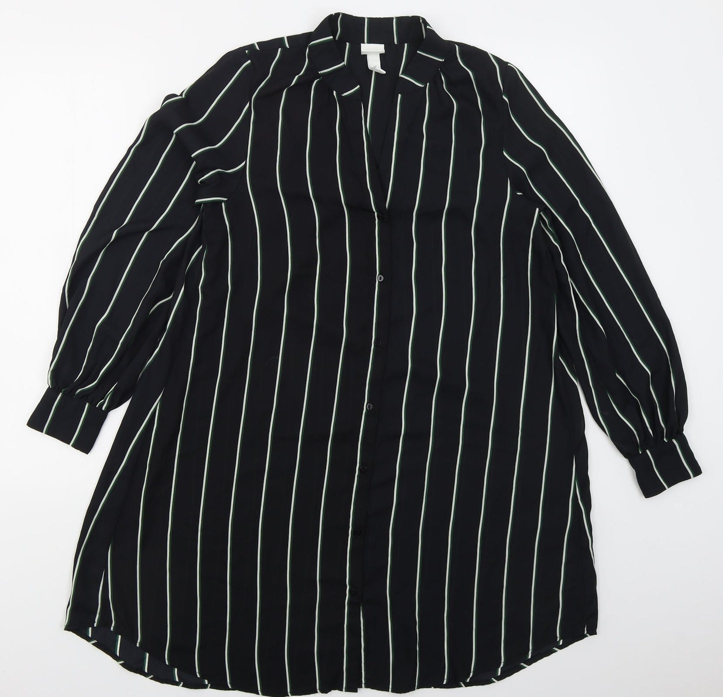 H&M Womens Black Striped Polyester Shirt Dress  Size 6  V-Neck Button